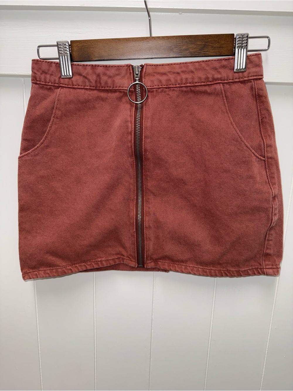Angel Kiss Denim Mini Skirt Size S Rust Orange Zip Front O-Ring Y2K